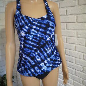 NWT Speedo Ladies Size 10 Blue, Black & White Racer Back Tankini Top Only